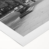 Art deco poster of London skyline in muted gray and blue tones on rolled canvas, suitable for dining room wall art.