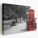 Large art print of the London skyline in muted blue and gray tones on stretched canvas, suitable for kitchen wall art.