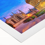 Art Deco poster of Oxford skyline in muted sepia tones on rolled canvas, suitable for dining room decor.