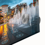 Mid-century modernist acrylic print of abstract European scenery in muted earth tones, ideal for dining room art.