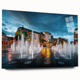 Acrylic print of Piccadilly, England in muted earth tones and blues, ideal for bedroom or dining room art.