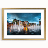 Abstract art print of Piccadilly, England in muted gold and brown tones, framed with a gold mat.