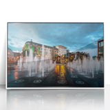 Mid-century modernist art depicting Piccadilly, England, in muted colors on white framed acrylic.