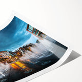 Extra large wall art featuring line art flowers over a Piccadilly, England scene in muted tones.