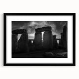 Colorful abstract art print of Stonehenge with vibrant textures on a large framed canvas, suitable for living room decor.