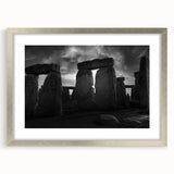 Extra large framed wall art featuring an abstract depiction of Stonehenge in textured gray and earth tones.