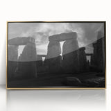 Acrylic print of Stonehenge in muted earth tones, framed in gold, suitable as modern art wall decor.