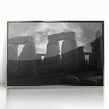 Acrylic print of Stonehenge in muted earth tones, framed in silver, suitable for modern art wall decor.