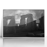 Mid-century modernist art of Stonehenge in muted earth tones on a framed acrylic, suitable for modern art wall decor.