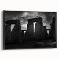 Black and white framed canvas of Stonehenge landscape, ideal for bedroom wall art in a vintage poster style.