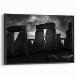 Black and white framed canvas of Stonehenge landscape, ideal for bedroom wall art in a vintage poster style.
