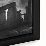Close-up of textured black wall art depicting Stonehenge on a framed canvas, ideal for living room decor.