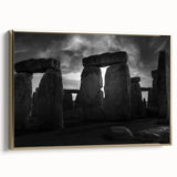 Framed canvas depicting Stonehenge in muted earth tones, ideal for bedroom wall art.