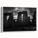 Vintage poster art of Stonehenge in muted gray and white tones on a framed canvas, suitable for living room decor.