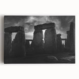 Black and white print of Stonehenge on stretched canvas, suitable as kitchen wall art or for bedroom ambiance.