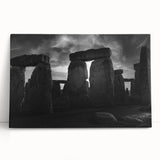 Black and white photo of Stonehenge on a large stretched canvas, suitable as kitchen wall art.