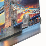 Acrylic print of the Thames River in muted blues and grays, ideal for dining room art in a mid-century modernist style.