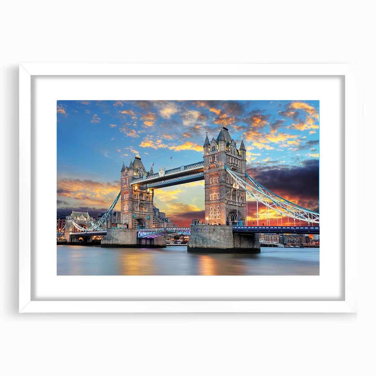 Extra large wall art featuring an abstract depiction of the Thames River in muted blues and grays, framed with a white mat.