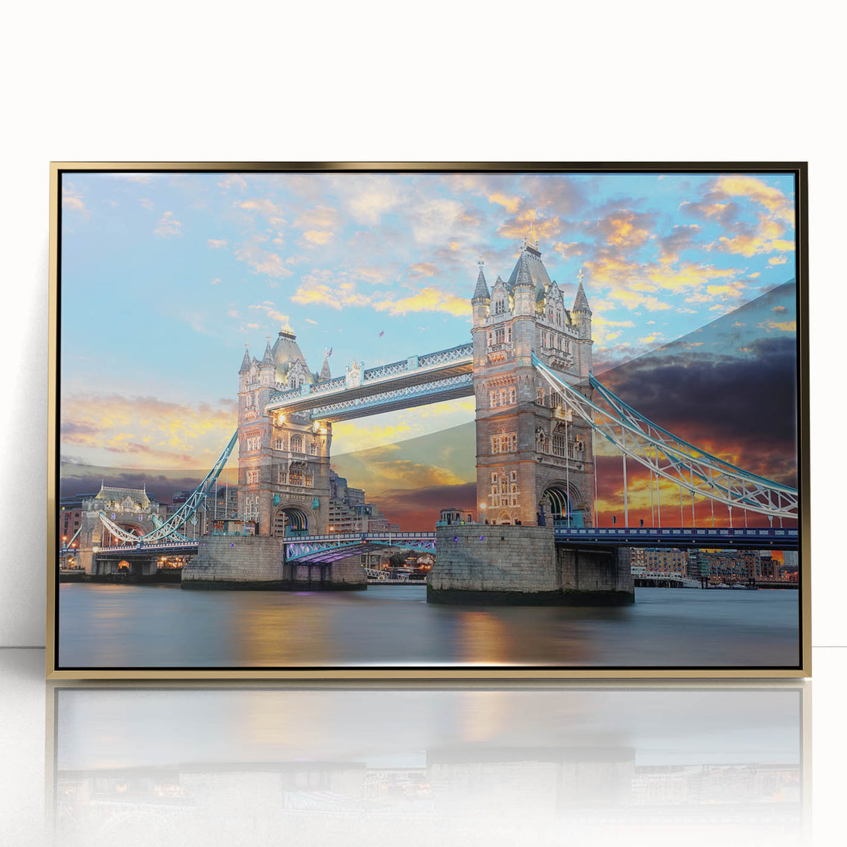 Art deco poster of the Thames River with gold frame, acrylic print, in muted earth tones, suitable for modern art wall decor.