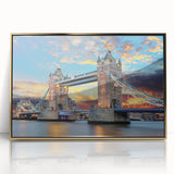 Art deco poster of the Thames River with gold frame, acrylic print, in muted earth tones, suitable for modern art wall decor.