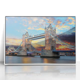 Mid-century modernist art depicting the Thames River, framed acrylic, in muted blue and gray tones.