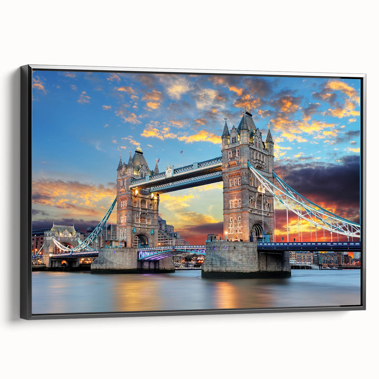 Black and white framed canvas depicting the Thames River in a vintage poster style, ideal for bedroom wall decor.