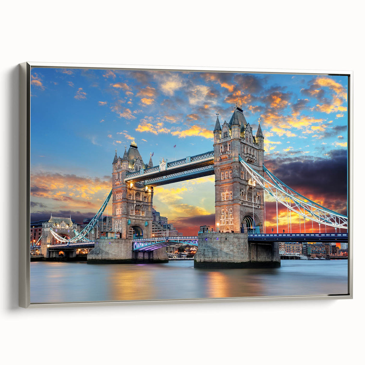 Vintage poster art of the Thames River in vibrant colors on a large framed canvas, ideal for living room decor.