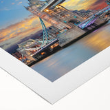 Art deco poster of the Thames River in muted blue and gray tones on rolled canvas, suitable for dining room wall art.