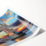 Extra large wall art depicting line art flowers with a backdrop of the Thames River in muted earth tones on rolled print.