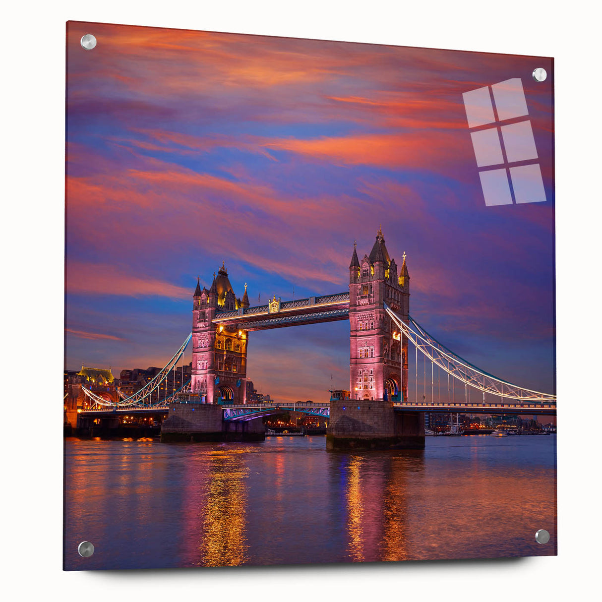 Acrylic print of the Tower Bridge in muted gray and blue tones, suitable for bedroom or dining room decor.