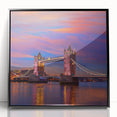 Large abstract wall art of Tower Bridge with muted gray and blue tones on a framed acrylic.