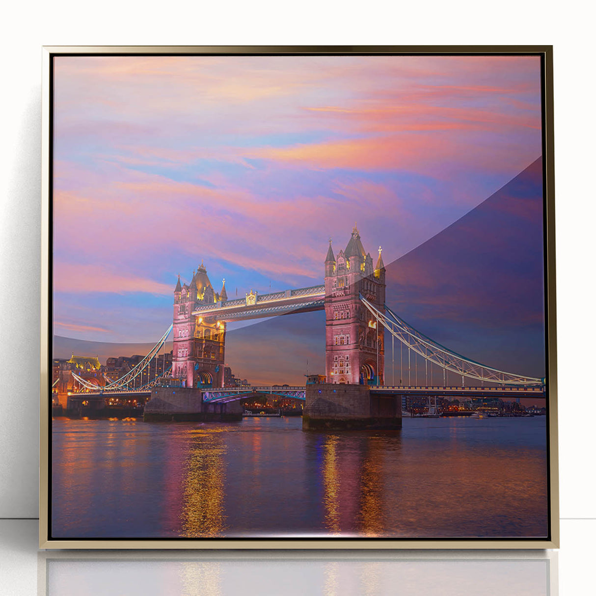 Acrylic print of Tower Bridge with muted gold and blue tones in an art deco style, ideal for modern art wall decor.
