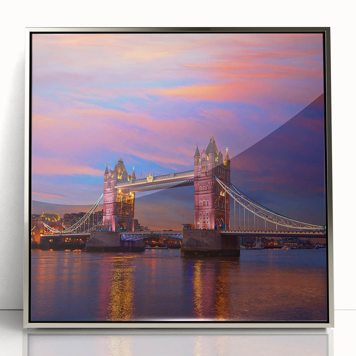 Large art print of Tower Bridge with muted gray and blue tones on framed acrylic, ideal for modern art wall decor.