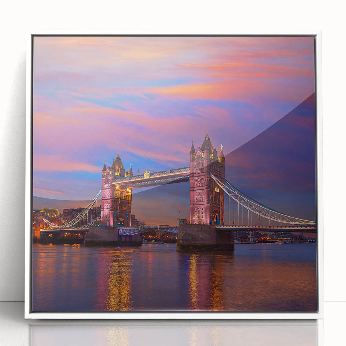 Mid-century modernist art of Tower Bridge with muted blue and gray tones on framed acrylic, ideal for modern art wall decor.