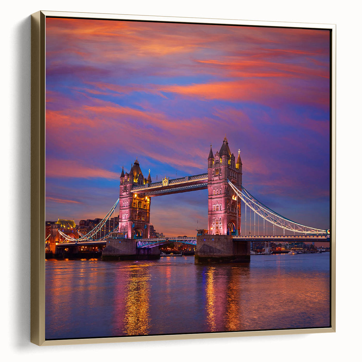 Framed canvas wall art featuring a vintage poster of the Tower Bridge in muted silver and gold tones.