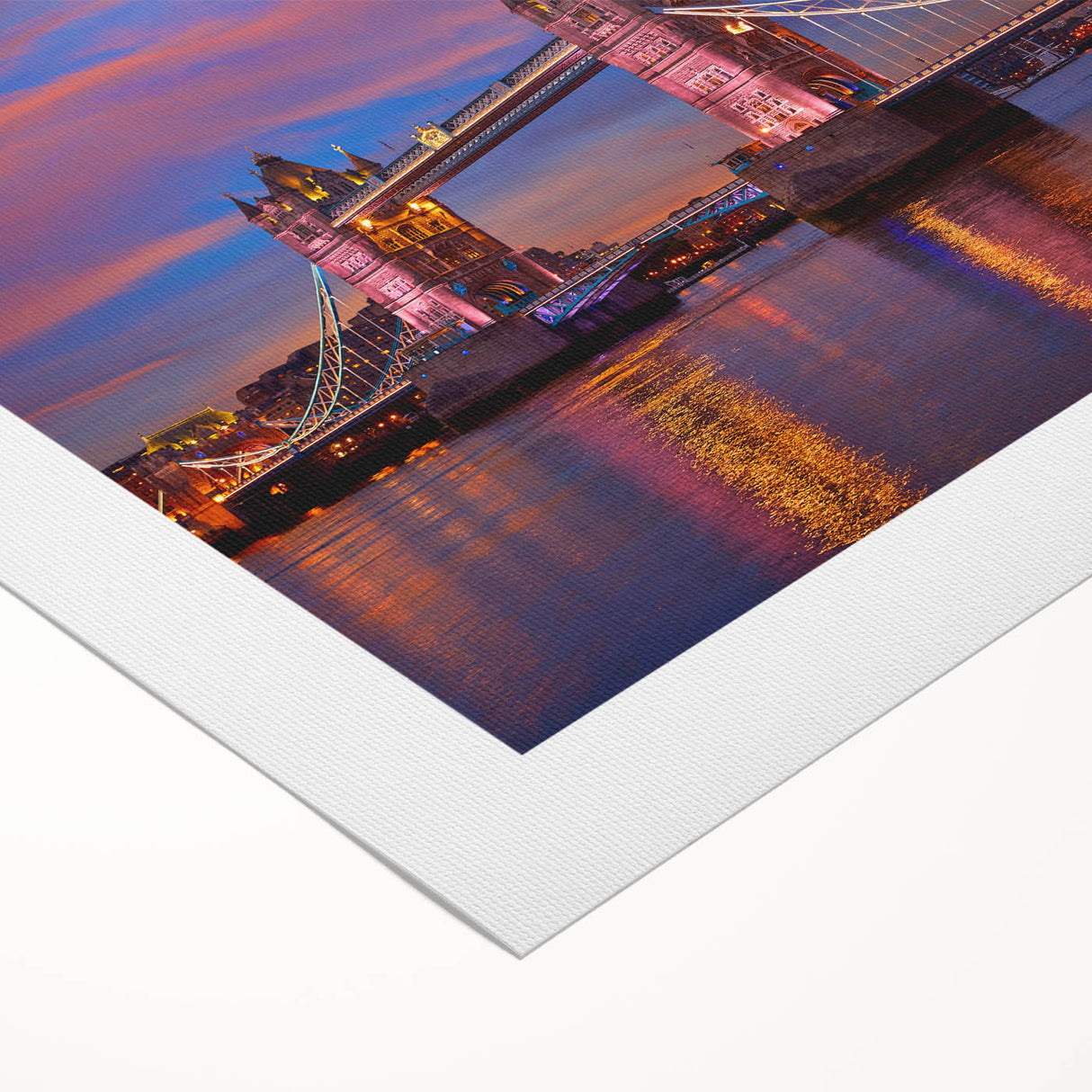 Art Deco poster of Tower Bridge in muted gray and blue tones on rolled canvas, suitable for dining room wall art.