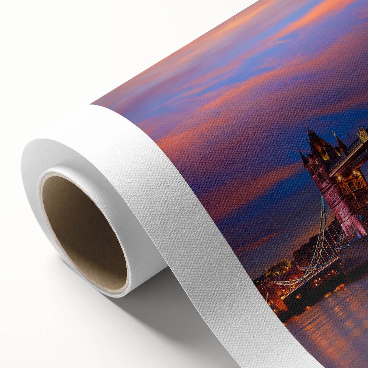 Art deco poster of the Tower Bridge in muted gray and blue tones on a rolled canvas, ideal for nursery wall art.