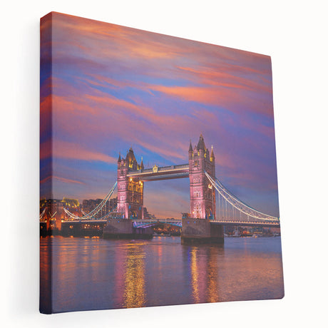 Side view of Tower Bridge on stretched canvas with gray and blue tones, suitable for kitchen wall art.