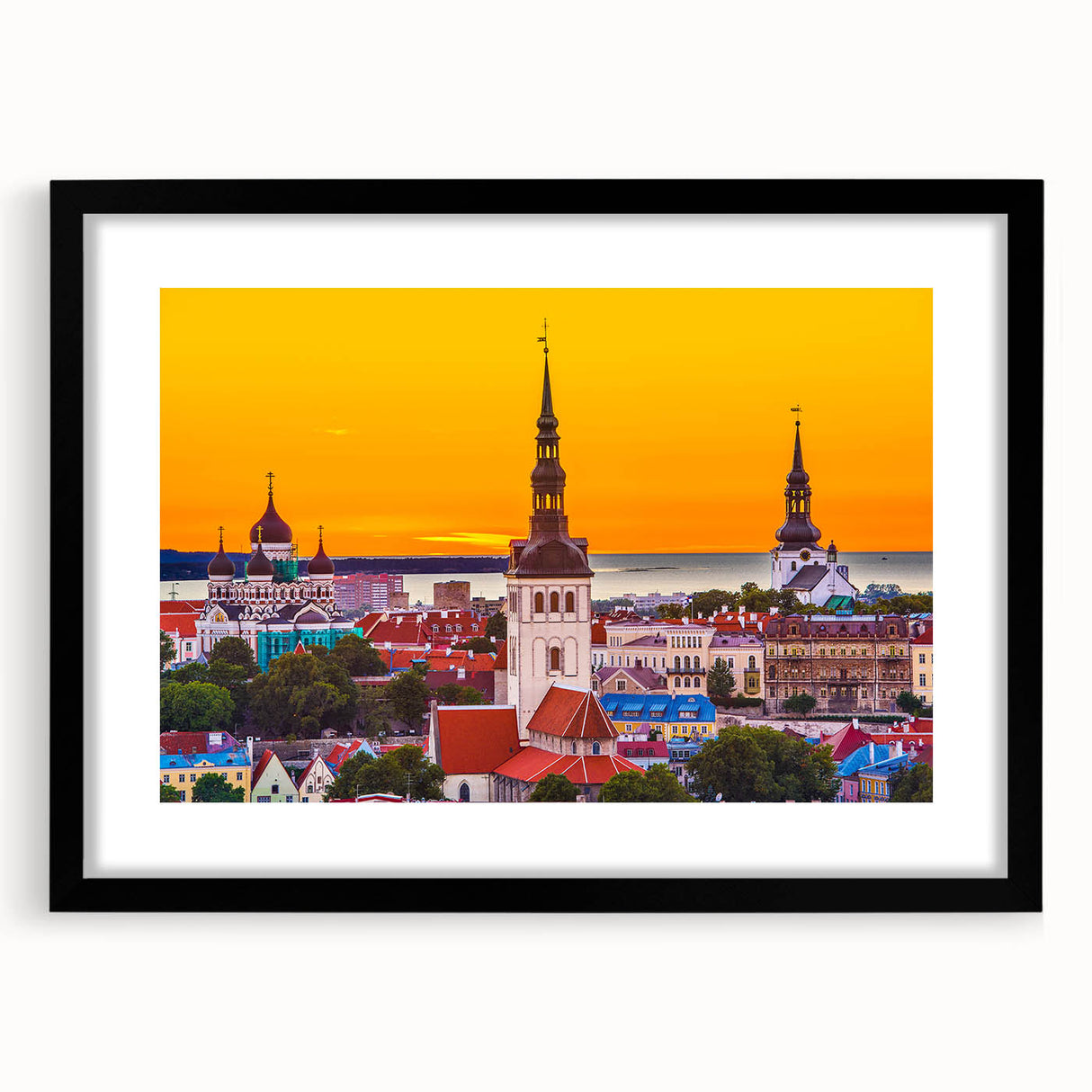 Abstract art print depicting a colorful European scenery in vibrant hues on a textured, extra large canvas.