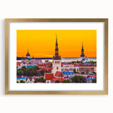 Abstract art print depicting a European scenery in muted earth tones on a framed canvas, suitable for dining room decor.