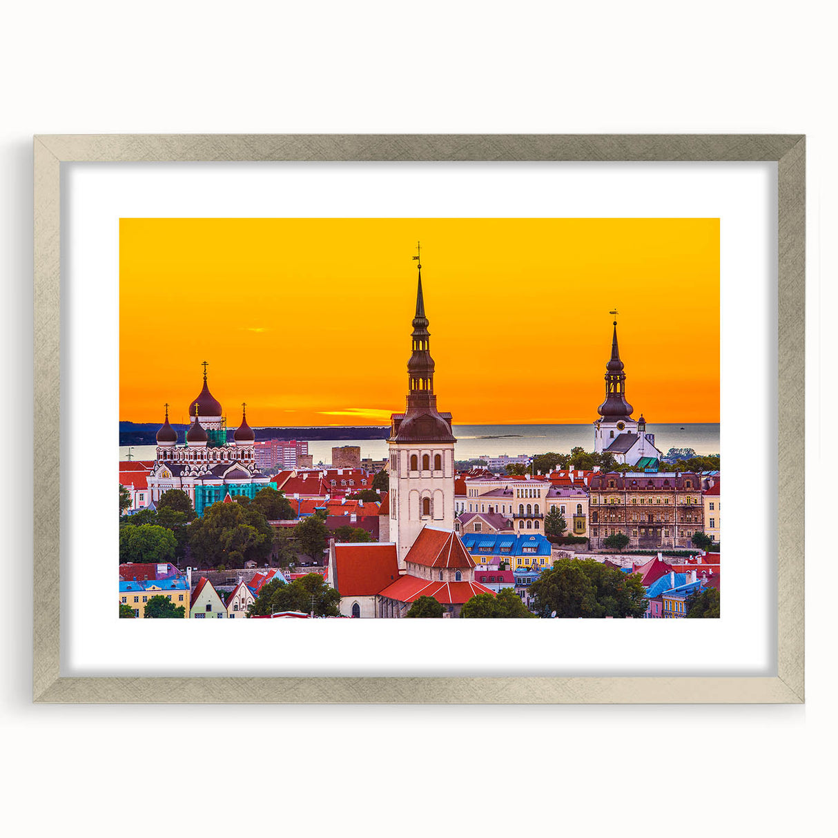 Extra large abstract art print depicting a textured European scenery in muted earth tones, framed in silver.