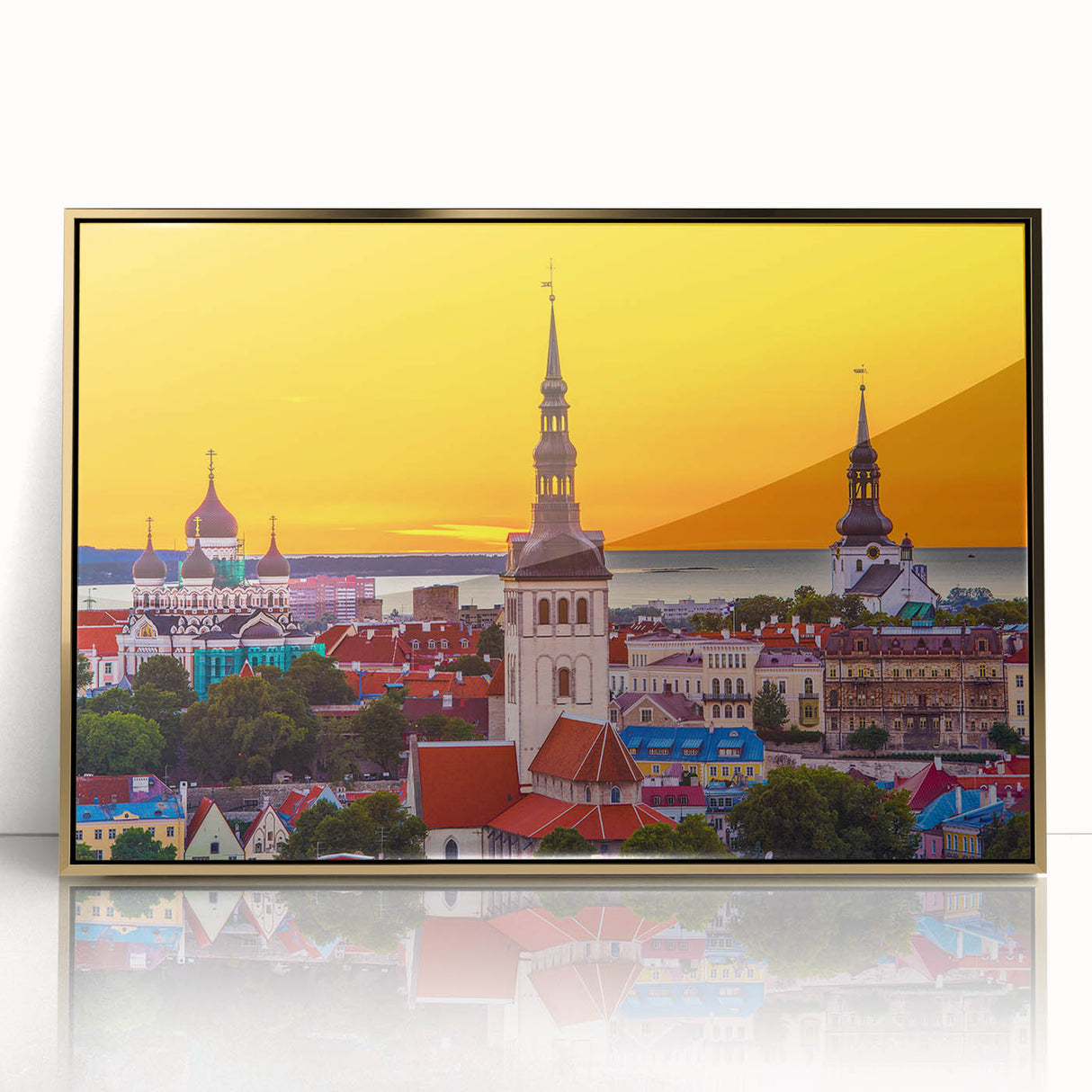 Art deco poster of a serene Estonian landscape in muted greens and blues, acrylic framed, suitable for modern art wall decor.