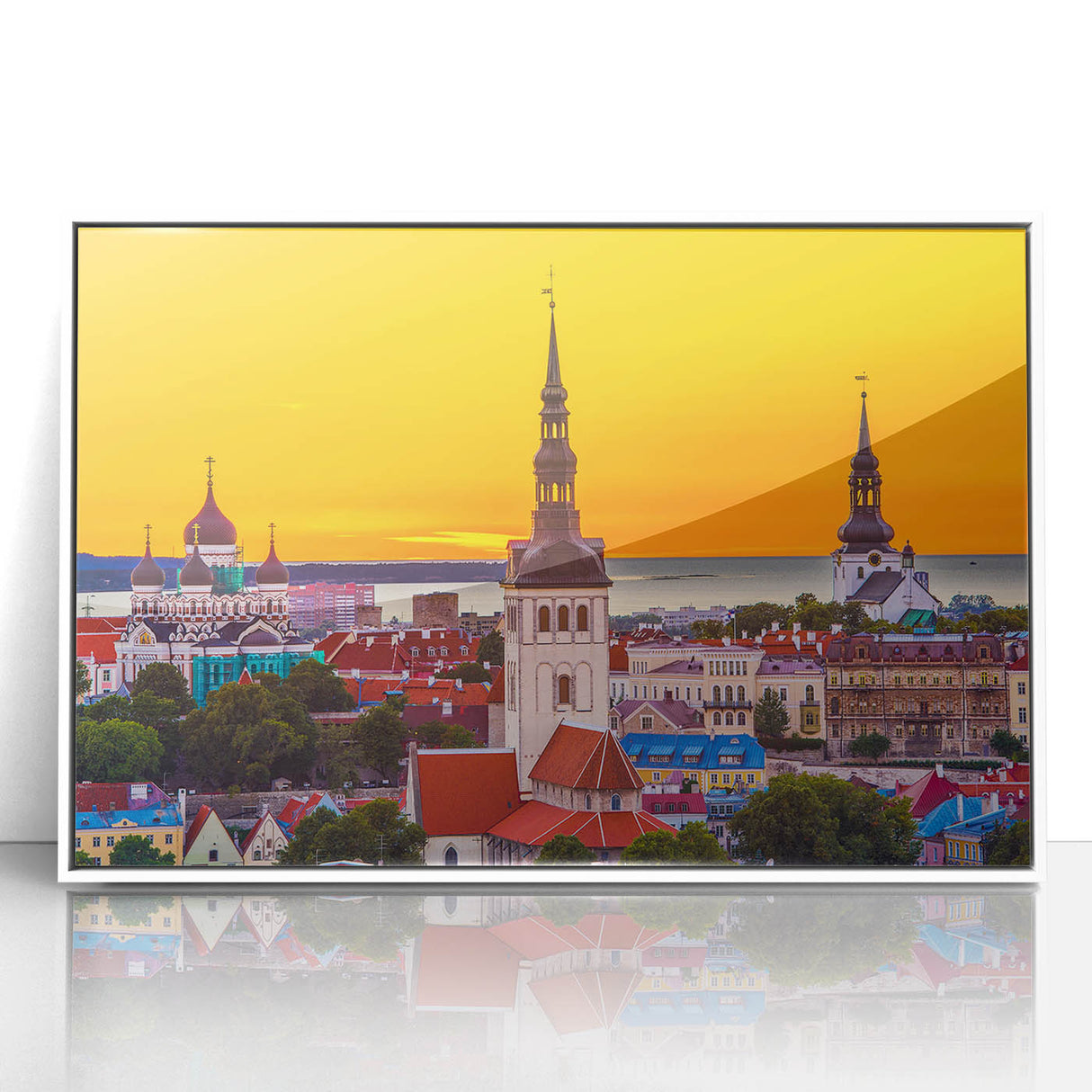 Mid-century modernist art of an Estonian landscape in muted colors on framed acrylic, suitable for modern art wall decor.