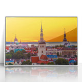 Mid-century modernist art of an Estonian landscape in muted colors on framed acrylic, suitable for modern art wall decor.