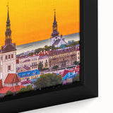 Extra large framed canvas featuring a textured depiction of a European scenery in vibrant colors.