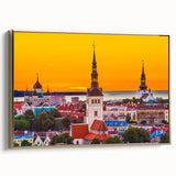 Framed canvas of a vintage-style Estonian landscape in muted gold and black, ideal for bedroom wall art.