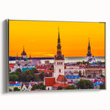 Framed canvas of a vintage-style European landscape painting with muted earth tones.