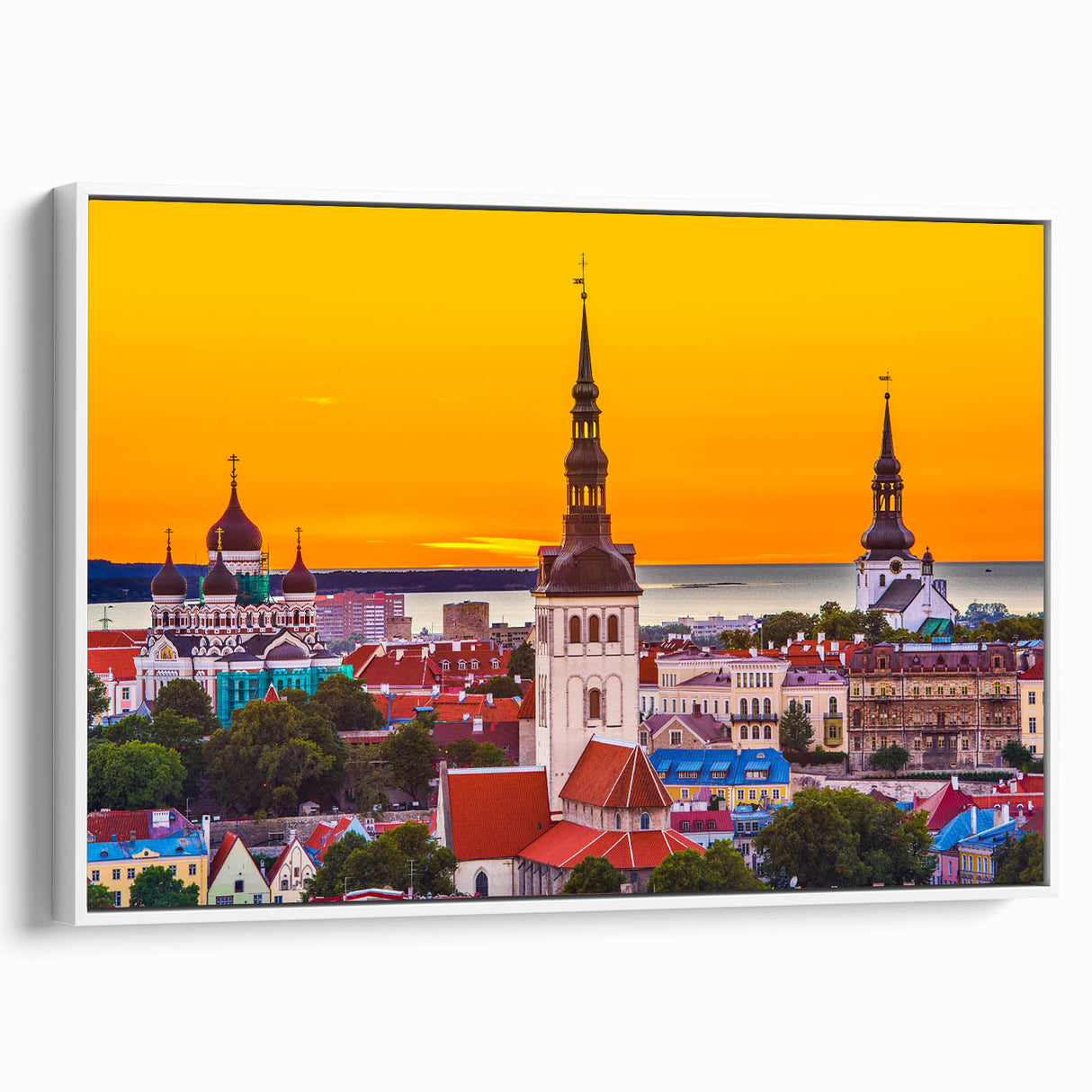 Vintage poster art of Estonia scenery on framed canvas featuring colorful art in extra large size.