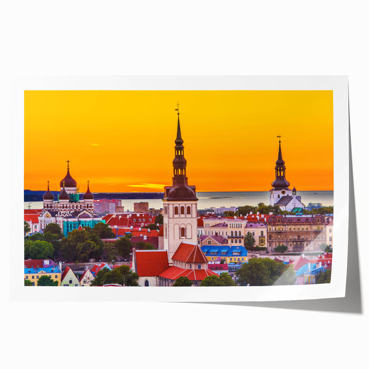 Extra large rolled print featuring a serene Estonian landscape with lush floral details in soft green and blue tones.