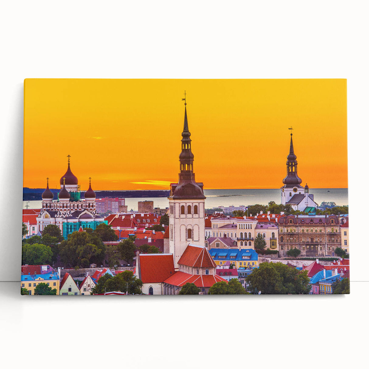 Black and white photograph of a European cityscape on a large stretched canvas, ideal for kitchen wall art.